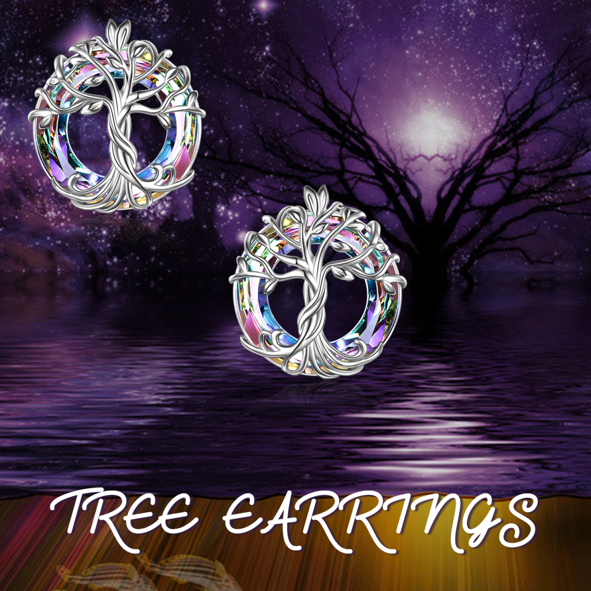 Sterling Silver Circular Shaped Crystal Tree Of Life Stud Earrings-6