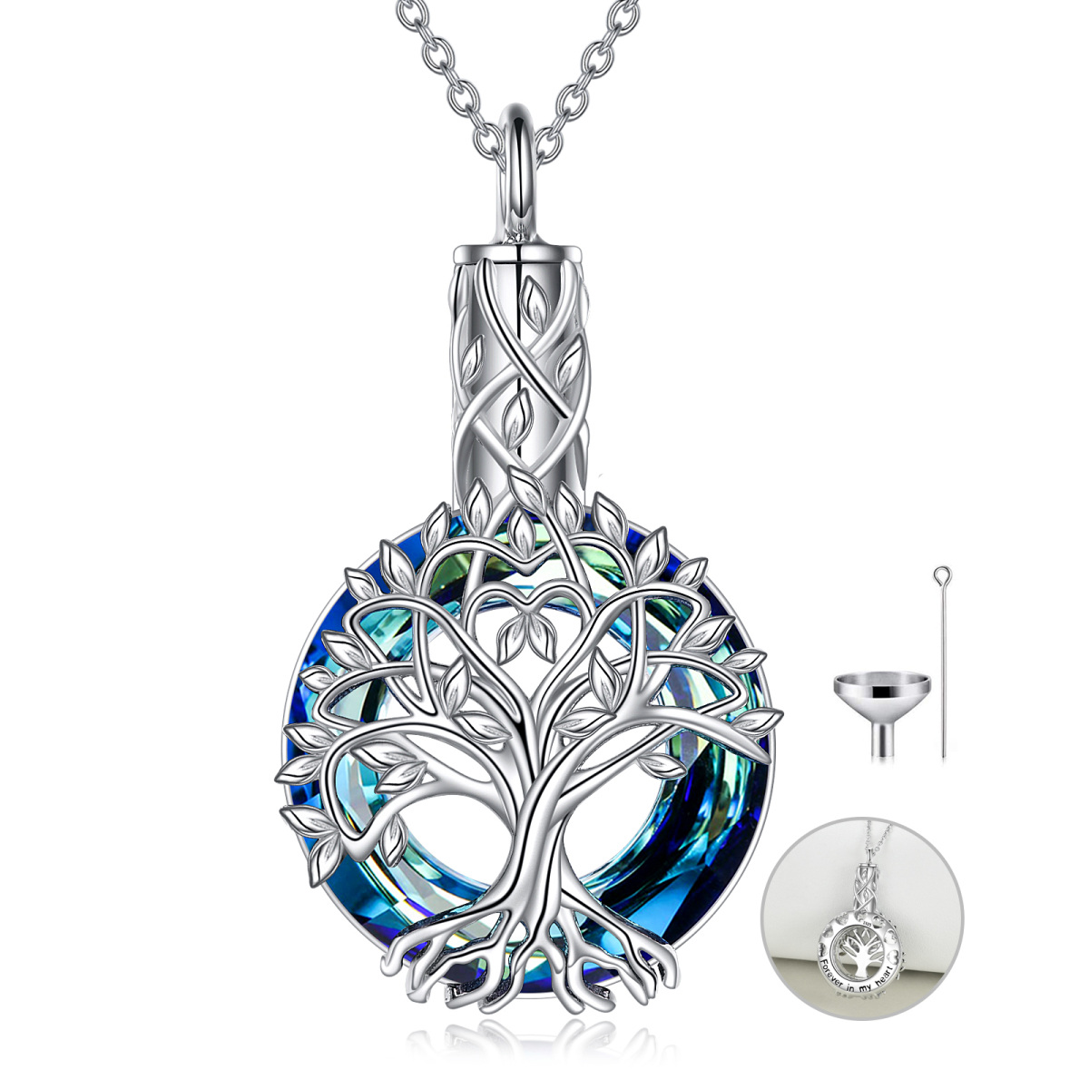 Collana con urna dell'albero della vita in cristallo a forma circolare in argento sterling per ceneri-1