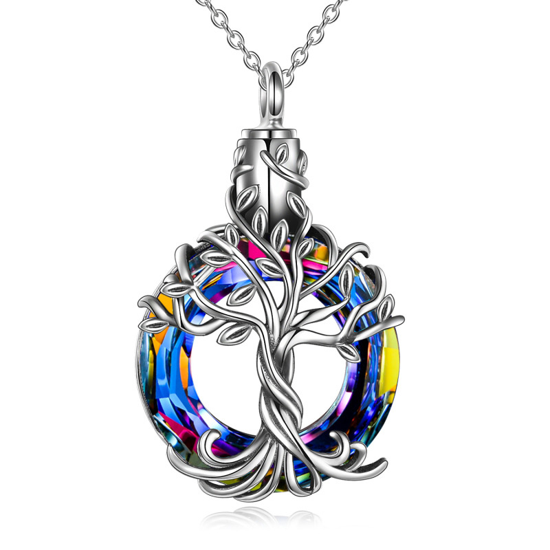 Sterling Silver Circular Shaped Crystal Tree Of Life Urn Necklace for Ashes-8