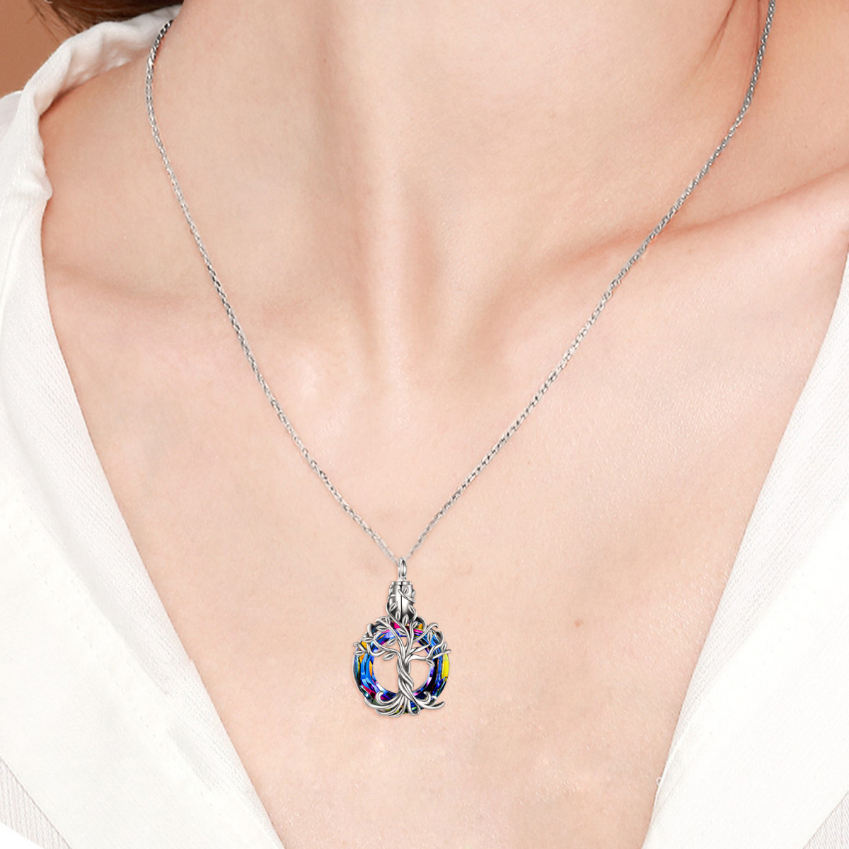 Sterling Silver Circular Shaped Crystal Tree Of Life Urn Necklace for Ashes-2