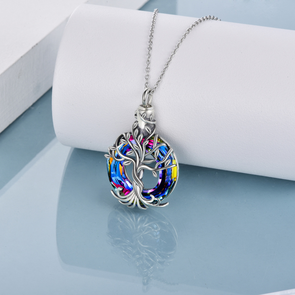 Sterling Silver Circular Shaped Crystal Tree Of Life Urn Necklace for Ashes-3