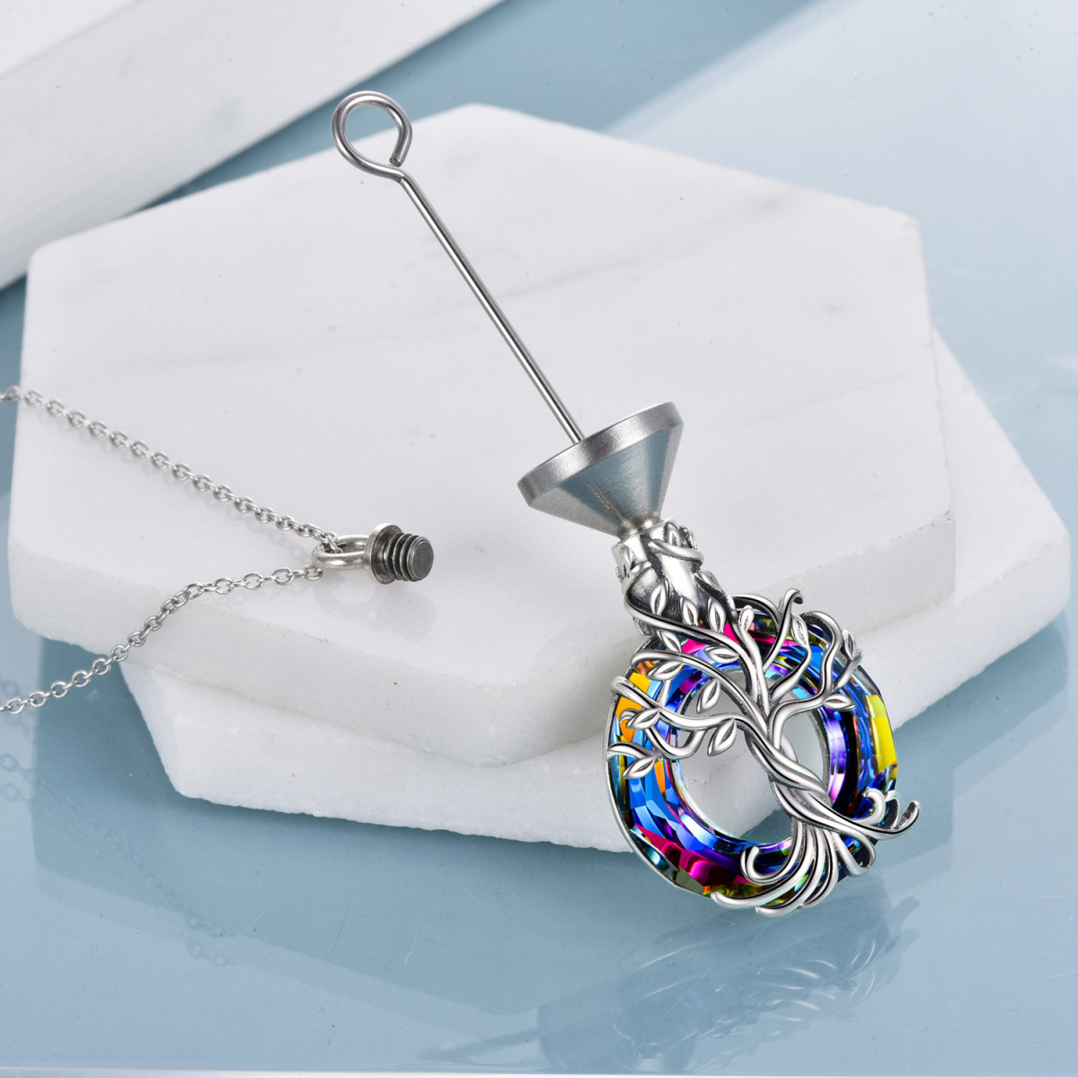 Sterling Silver Circular Shaped Crystal Tree Of Life Urn Necklace for Ashes-4
