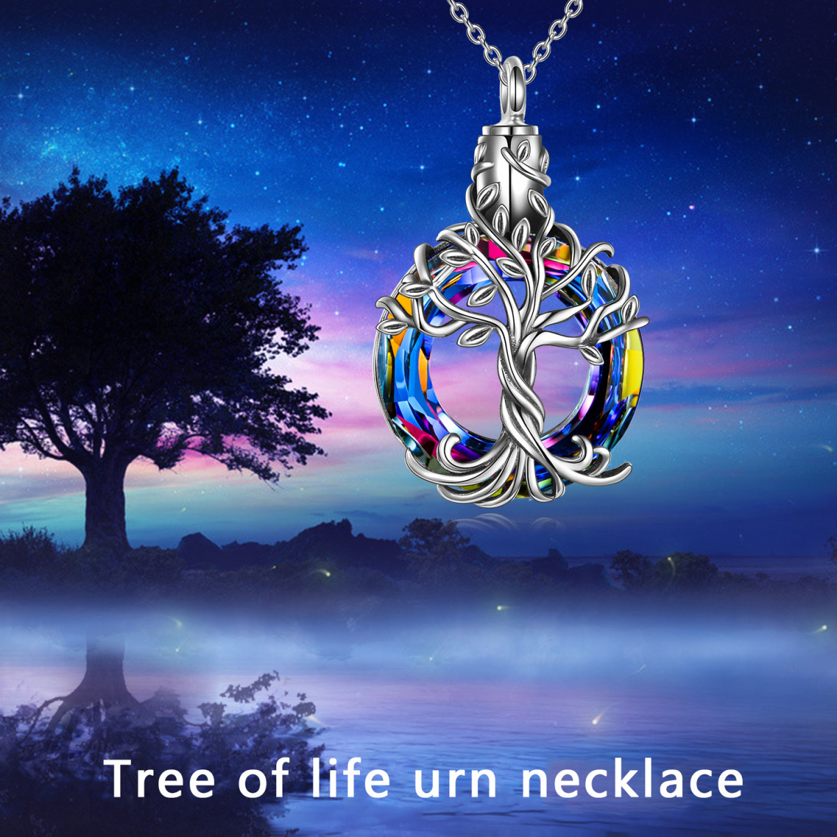 Sterling Silver Circular Shaped Crystal Tree Of Life Urn Necklace for Ashes-6