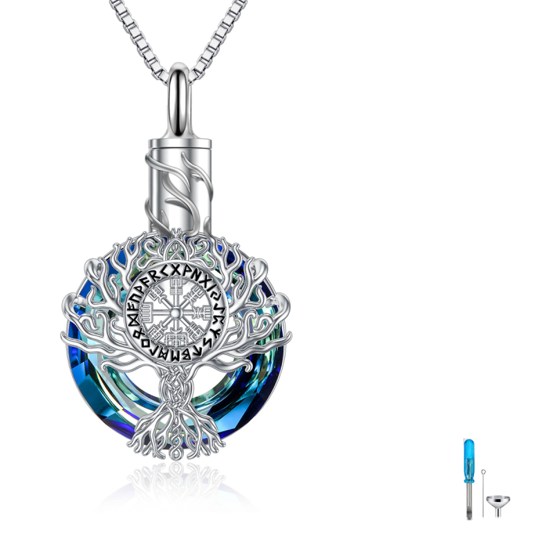 Sterling Silver Circular Shaped Crystal Tree Of Life & Viking Rune Urn Necklace for Ashes-9