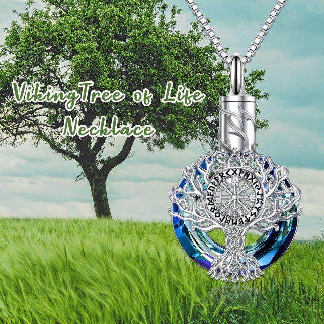 Sterling Silver Circular Shaped Crystal Tree Of Life & Viking Rune Urn Necklace for Ashes-4