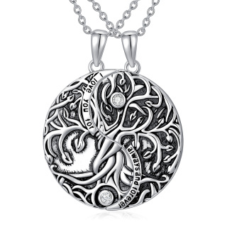 Sterling Silver Circular Shaped Crystal Tree Of Life & Yin Yang Pendant Necklace with Engraved Word-23