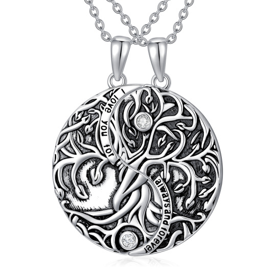 Sterling Silver Circular Shaped Crystal Tree Of Life & Yin Yang Pendant Necklace with Engraved Word