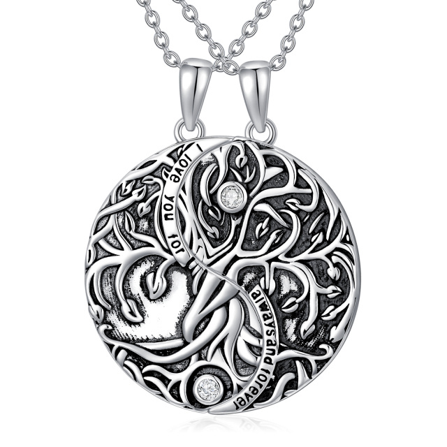 Sterling Silver Circular Shaped Crystal Tree Of Life & Yin Yang Pendant Necklace with Engraved Word-3