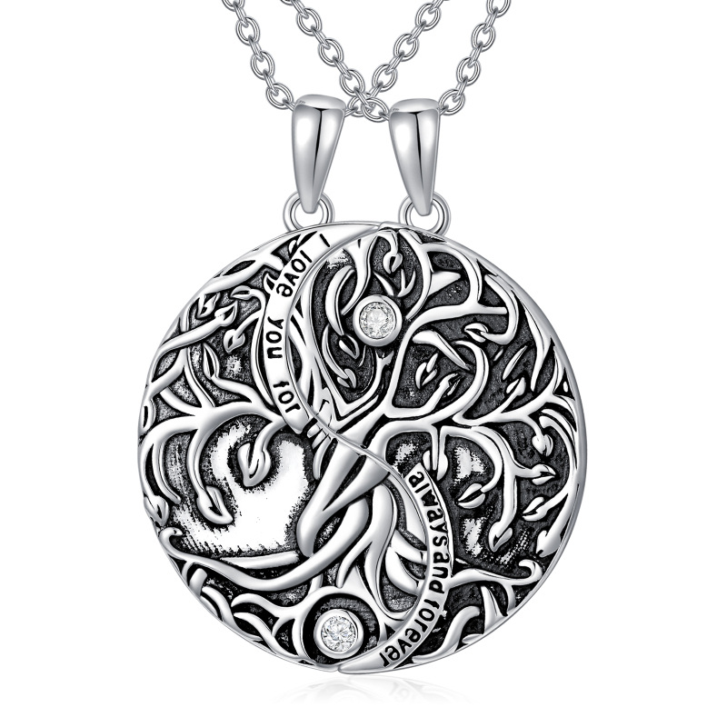 Sterling Silver Circular Shaped Crystal Tree Of Life & Yin Yang Pendant Necklace with Engraved Word-11