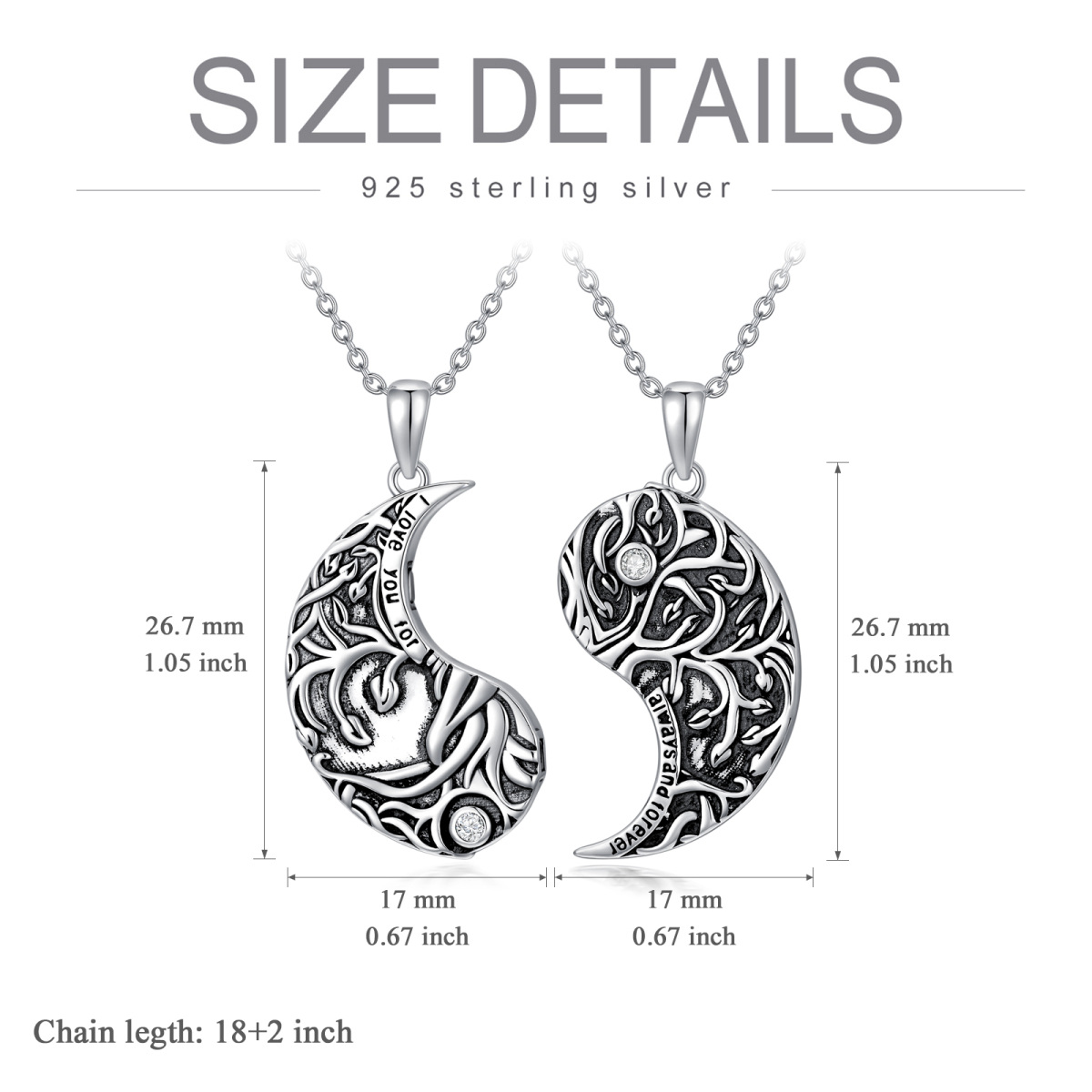 Sterling Silver Circular Shaped Crystal Tree Of Life & Yin Yang Pendant Necklace with Engraved Word-3