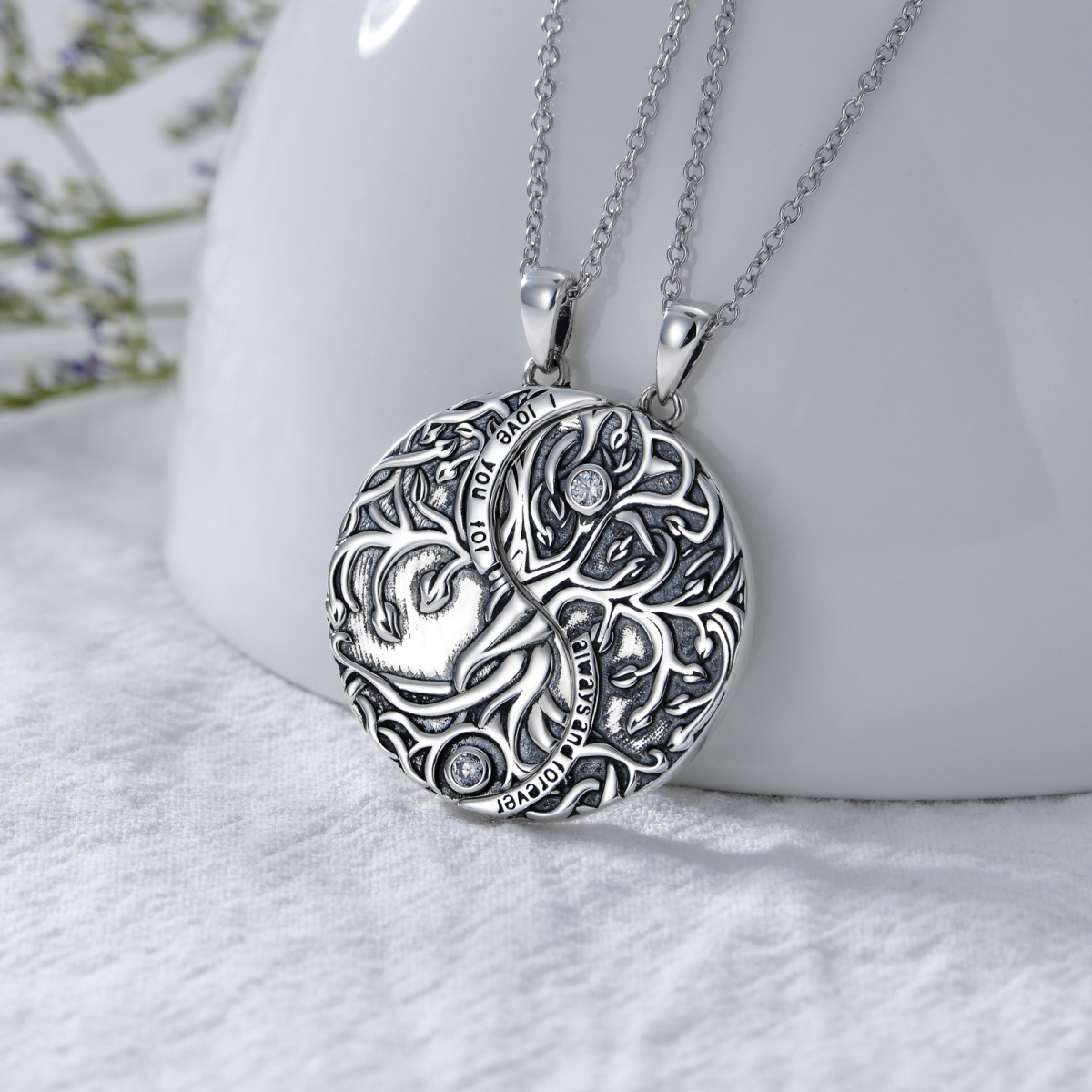 Sterling Silver Circular Shaped Crystal Tree Of Life & Yin Yang Pendant Necklace with Engraved Word-5