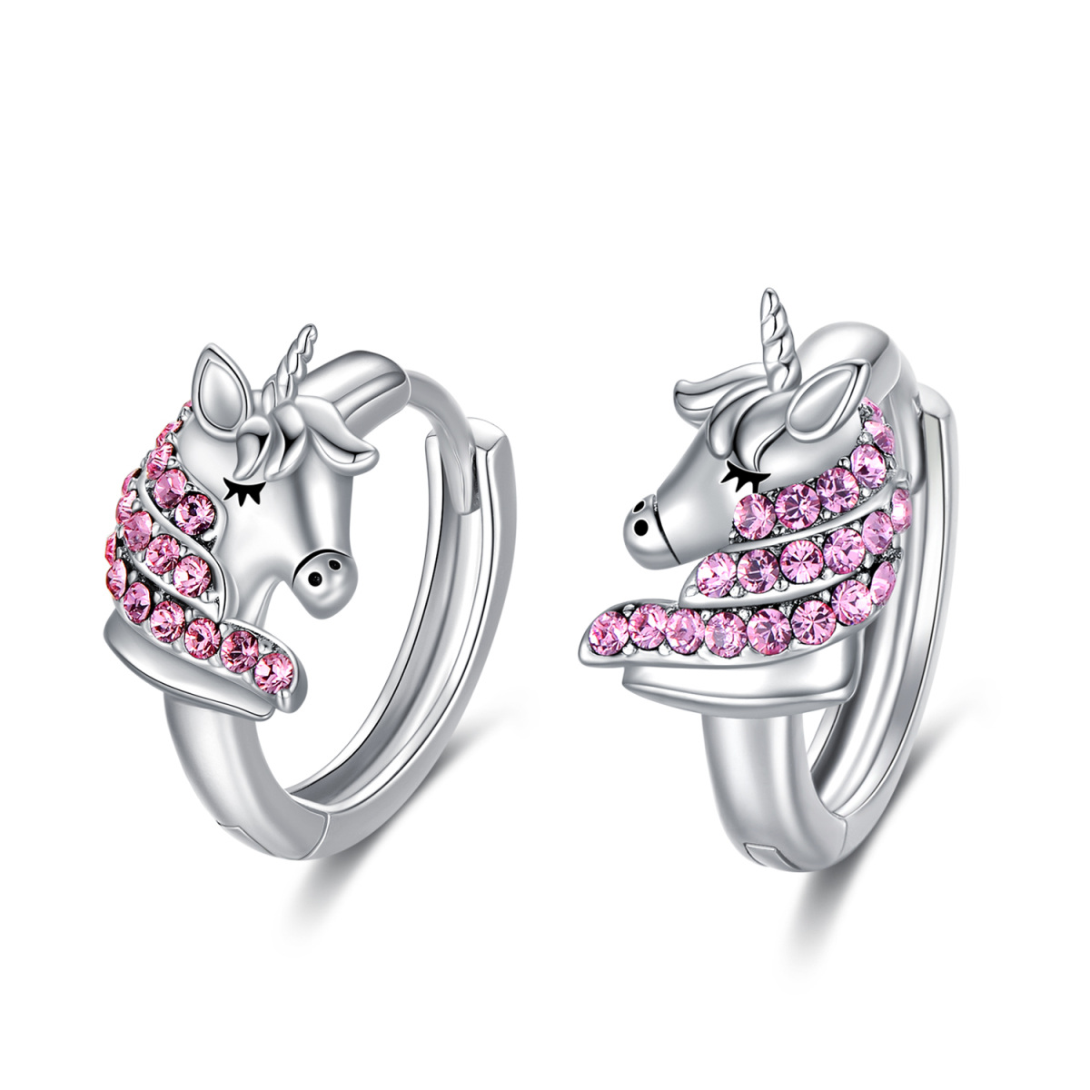 Sterling Silver Circular Shaped Crystal Unicorn Hoop Earrings-1