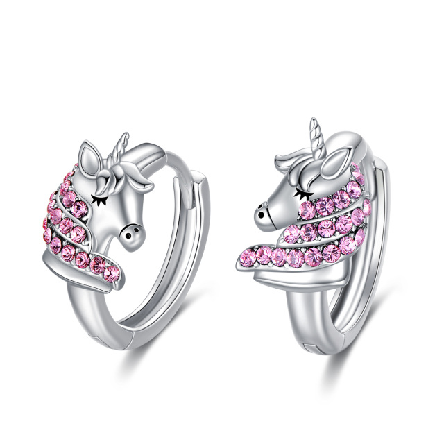 Sterling Silver Circular Shaped Crystal Unicorn Hoop Earrings-1