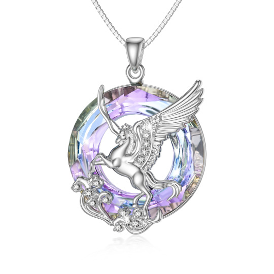 Sterling Silver Circular Shaped Crystal Unicorn Pendant Necklace