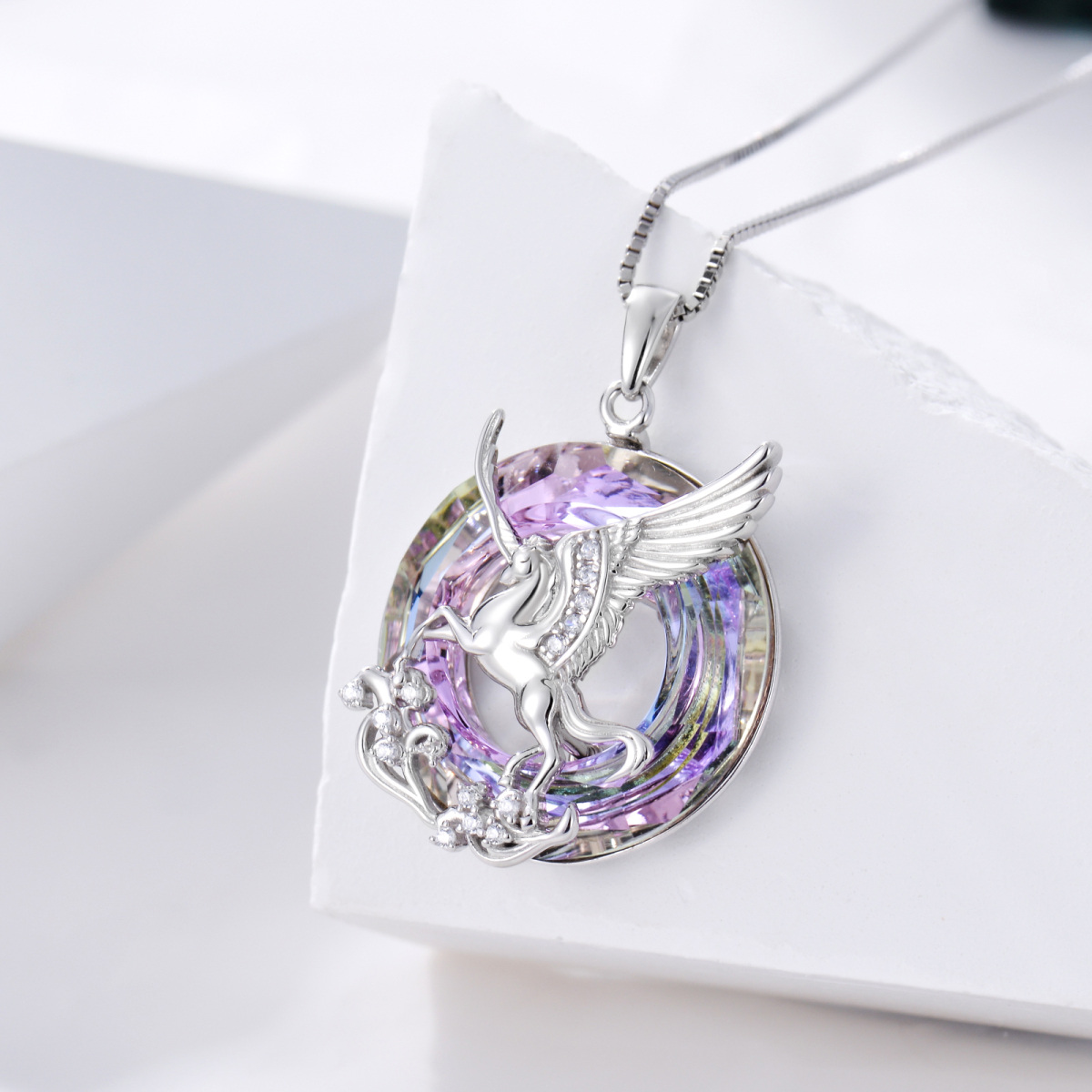 Sterling Silver Circular Shaped Crystal Unicorn Pendant Necklace-4