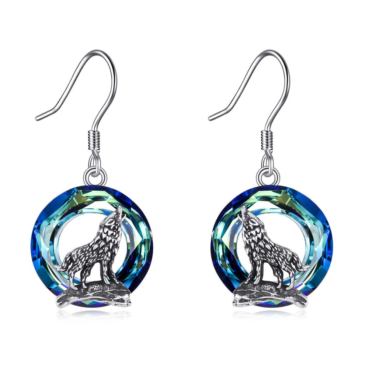 Sterling Silver Circular Shaped Crystal Wolf Drop Earrings