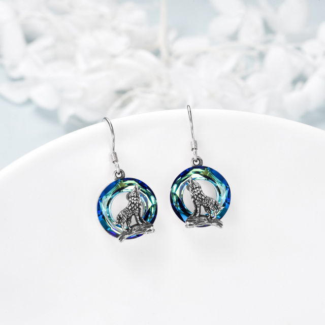 Sterling Silver Circular Shaped Crystal Wolf Drop Earrings-3