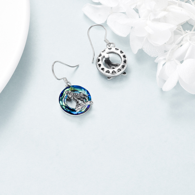 Sterling Silver Circular Shaped Crystal Wolf Drop Earrings-4