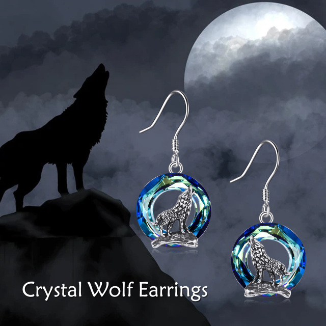 Sterling Silver Circular Shaped Crystal Wolf Drop Earrings-6