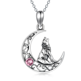 Sterling Silver Circular Shaped Crystal Wolf & Moon Pendant Necklace-48