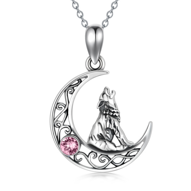 Sterling Silver Circular Shaped Crystal Wolf & Moon Pendant Necklace-3