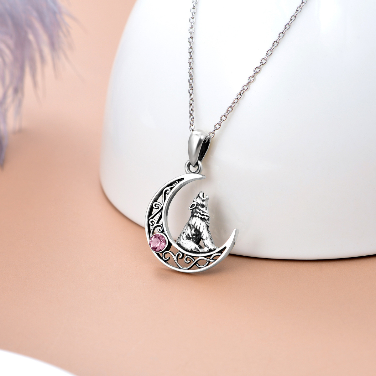 Collana con ciondolo di cristallo a forma di cerchio in argento sterling con lupo e luna-3