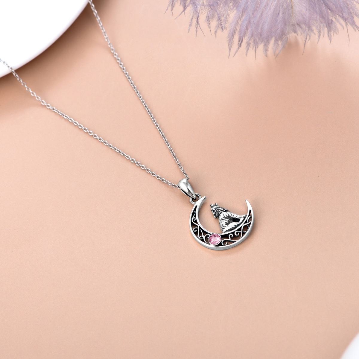 Sterling Silver Circular Shaped Crystal Wolf & Moon Pendant Necklace-4