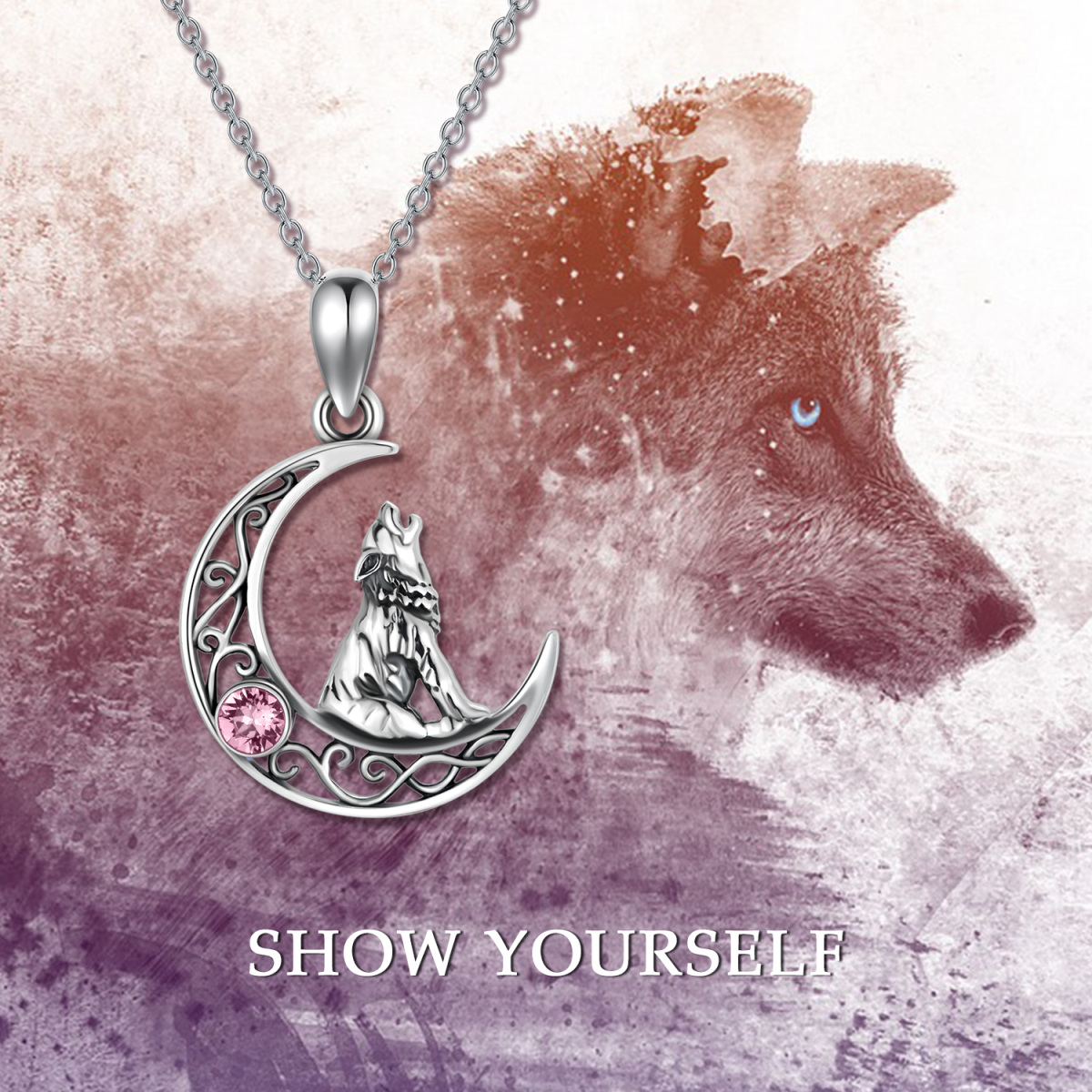 Collana con ciondolo di cristallo a forma di cerchio in argento sterling con lupo e luna-5