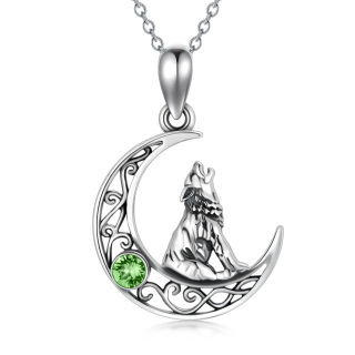 Sterling Silver Circular Shaped Crystal Wolf & Moon Pendant Necklace-3