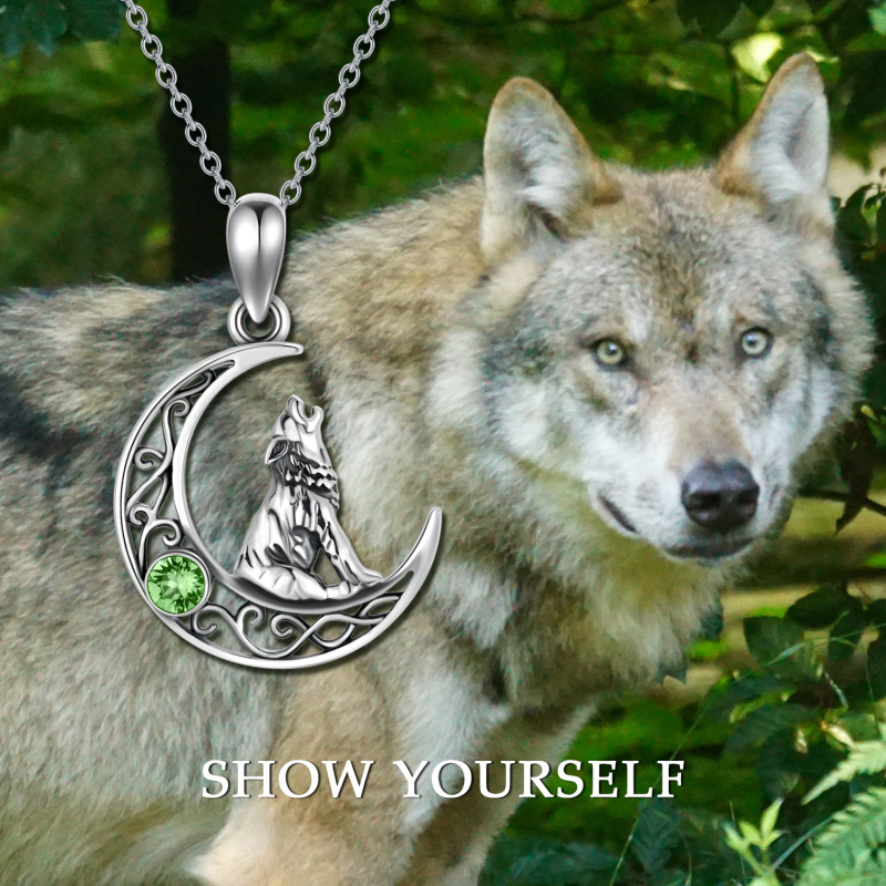 Collana con ciondolo di cristallo a forma di cerchio in argento sterling con lupo e luna-5