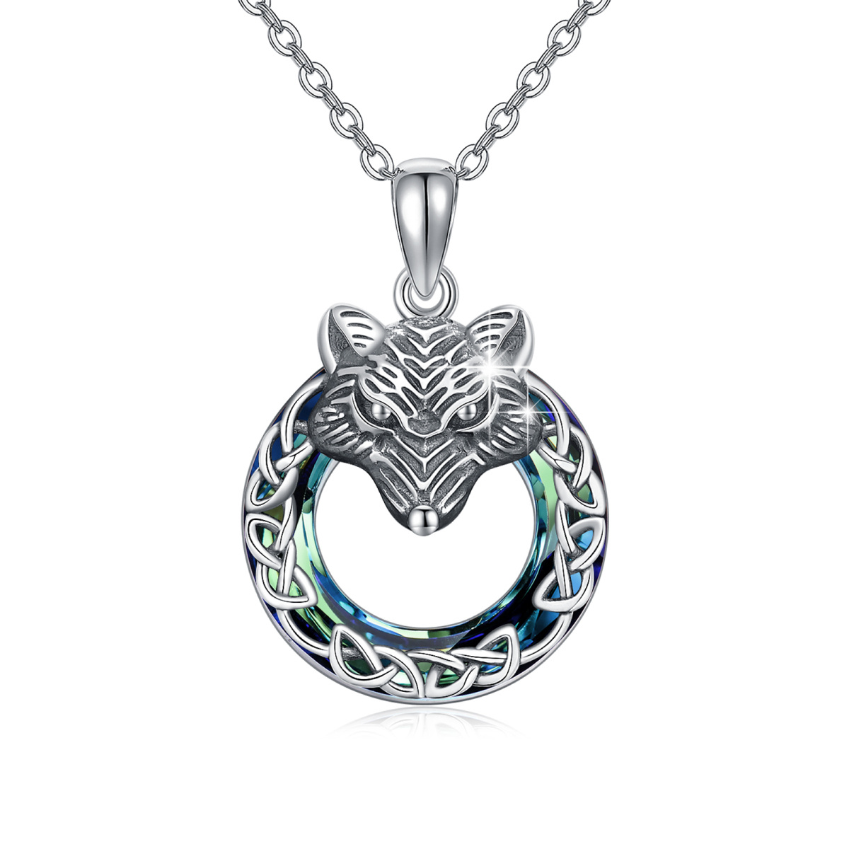 Collier en argent sterling avec pendentif loup en cristal de forme circulaire-1