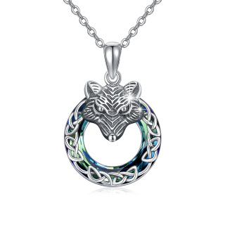 Sterling Silver Circular Shaped Crystal Wolf Pendant Necklace-26