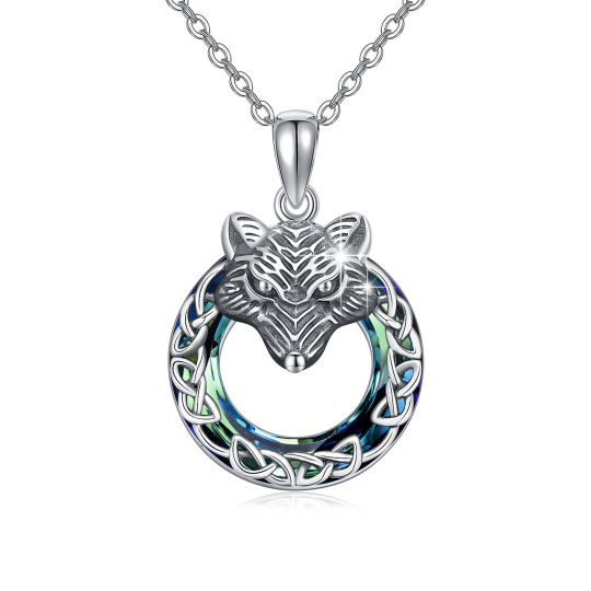 Collier en argent sterling avec pendentif loup en cristal de forme circulaire