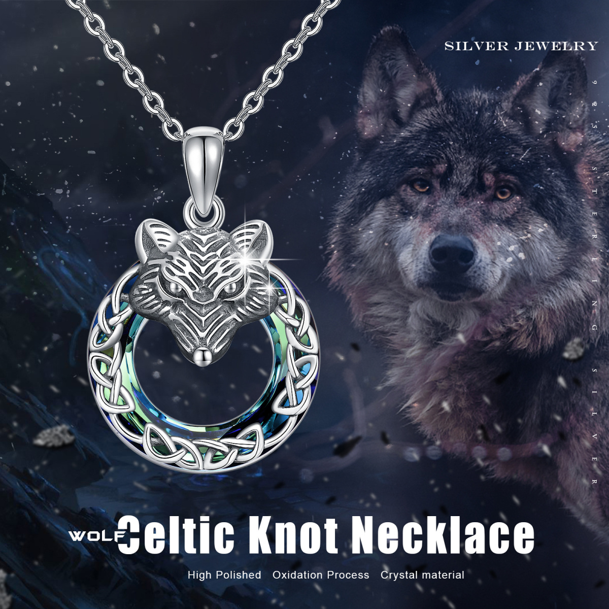 Sterling zilveren cirkelvormige kristallen wolf hanger ketting-6