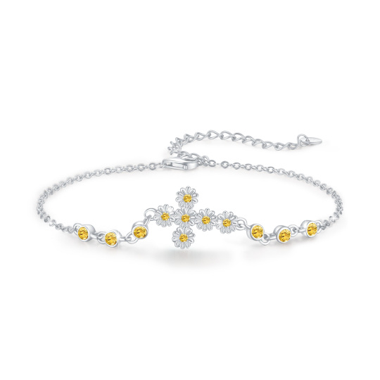 Sterling Silber kreisförmig Cubic Zirkonia Daisy & Kreuz Anhänger Armband