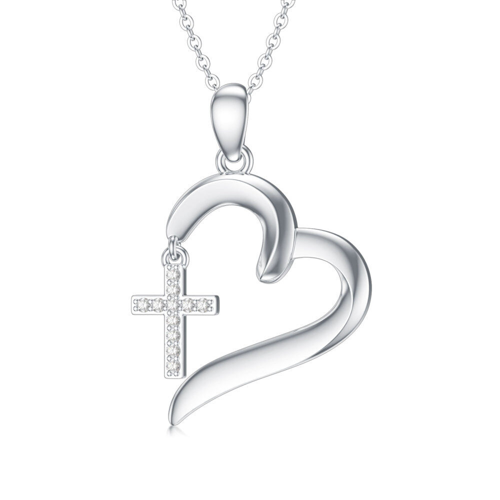 Collana con ciondolo a forma di croce e cuore in argento sterling a forma di cerchio con diamanti-1