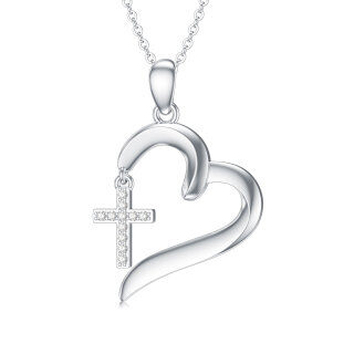 Sterling Silver Circular Shaped Diamond Cross & Heart Pendant Necklace-2