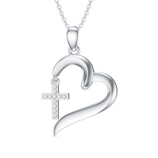 Sterling Silver Circular Shaped Diamond Cross & Heart Pendant Necklace