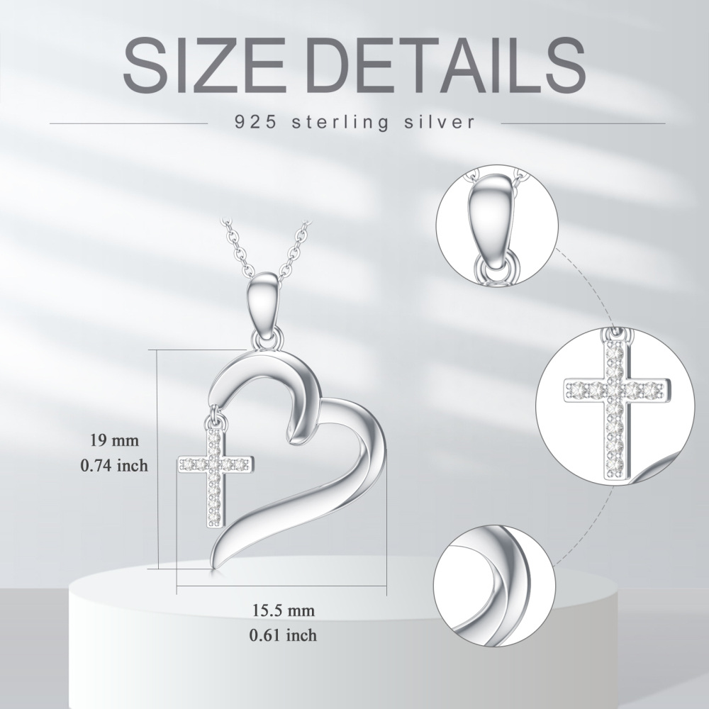 Collana con ciondolo a forma di croce e cuore in argento sterling a forma di cerchio con diamanti-5