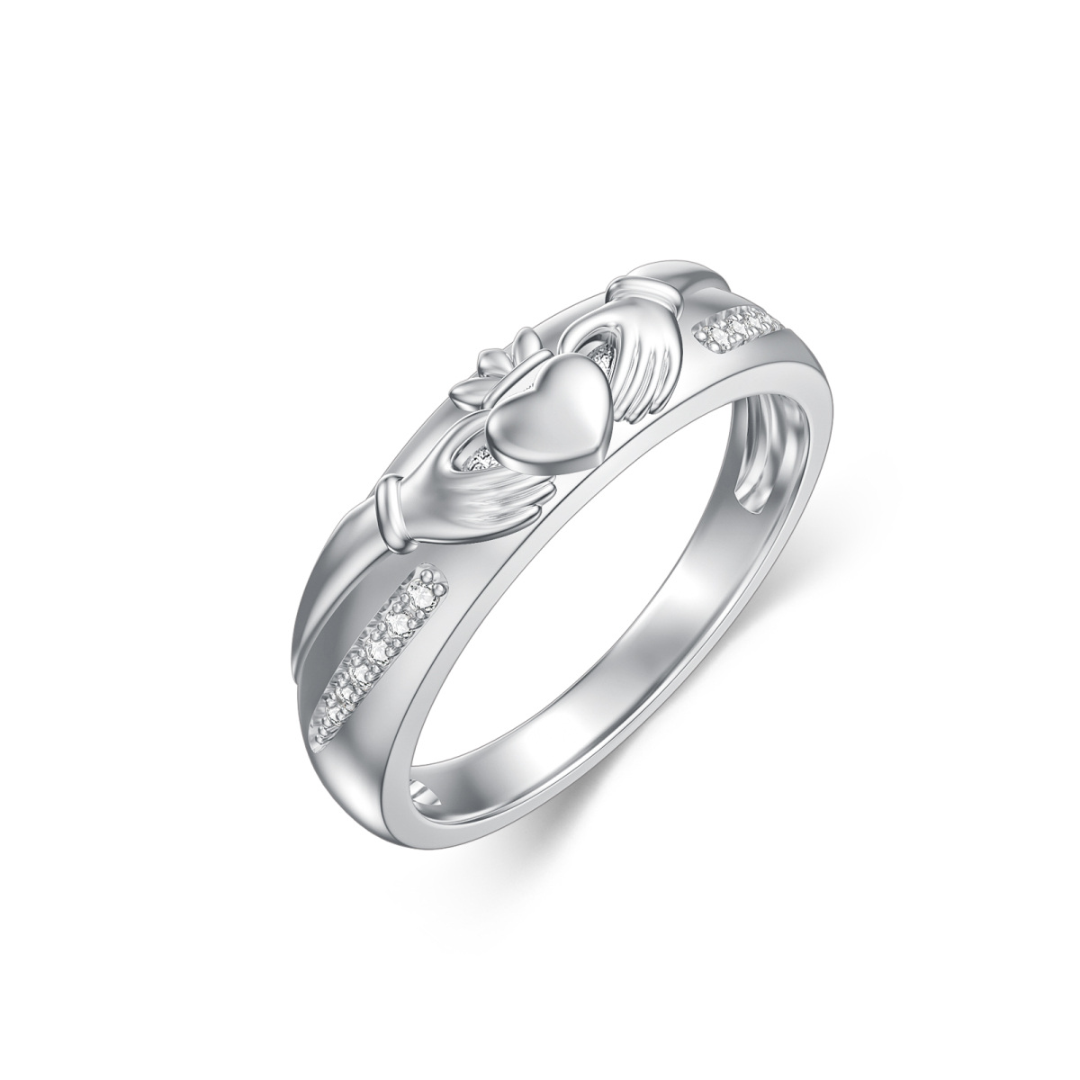 Anillo de compromiso de plata de ley con forma circular de diamantes y manos en forma de corazón-1