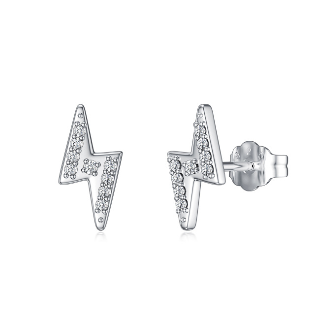 Sterling Silver Circular Shaped Diamond Lightning Stud Earrings