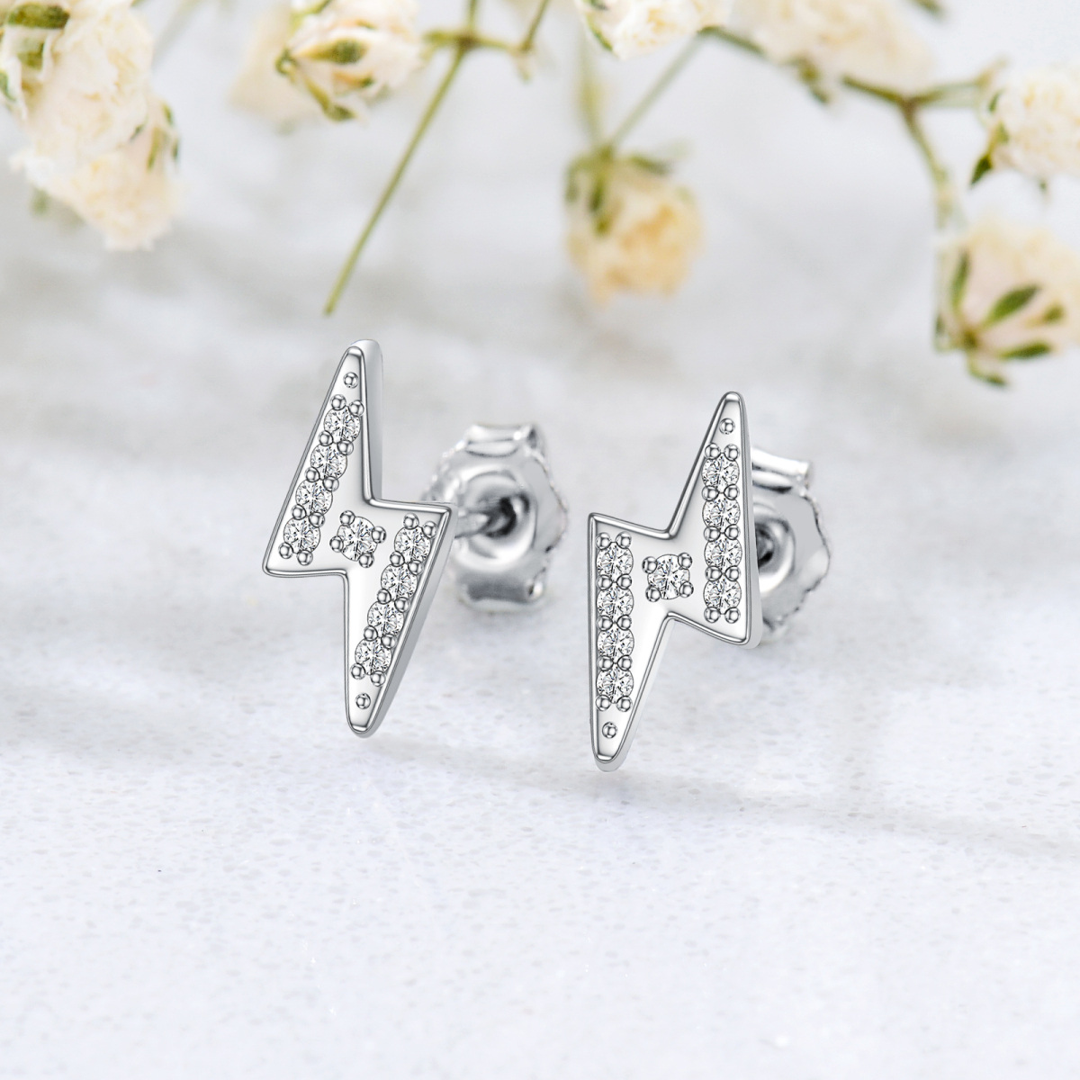 Sterling Silver Circular Shaped Diamond Lightning Stud Earrings-3