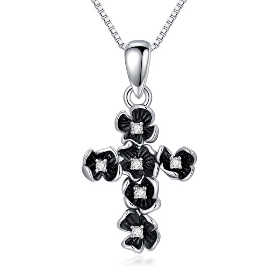 Sterling Silver Circular Shaped Diamond Peach Blossom & Cross Pendant Necklace