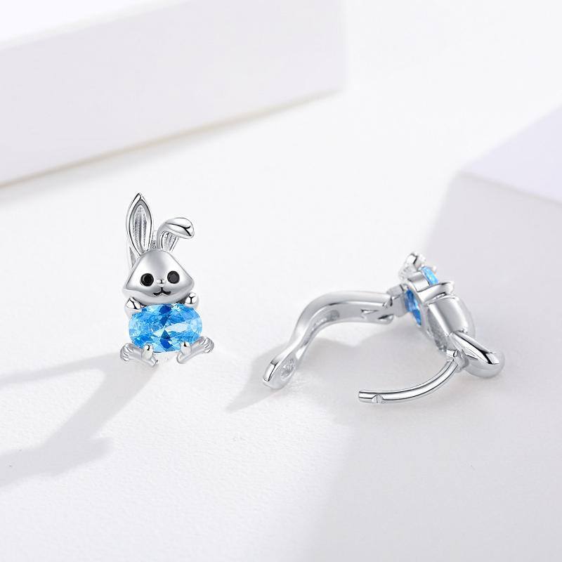 Sterling Silver Circular Shaped Diamond Rabbit Hoop Earrings-3