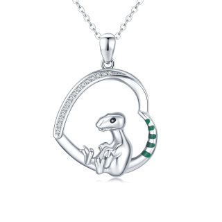 Sterling Silver Circular Shaped Cubic Zirconia Dinosaur & Heart Pendant Necklace-44