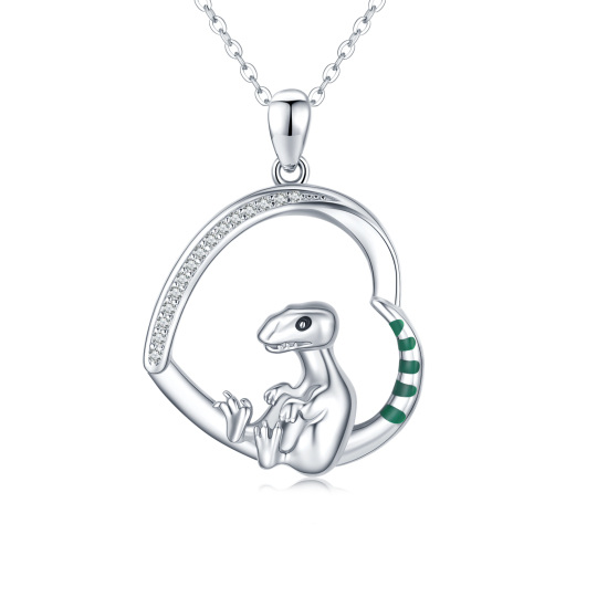 Sterling Silver Circular Shaped Cubic Zirconia Dinosaur & Heart Pendant Necklace