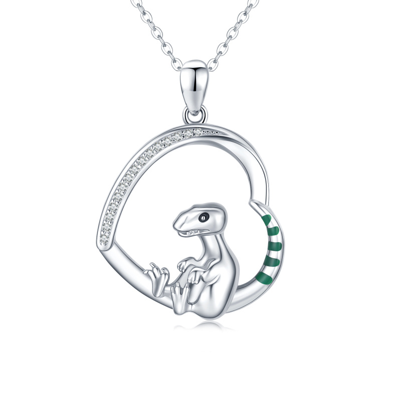 Sterling Silver Circular Shaped Cubic Zirconia Dinosaur & Heart Pendant Necklace-19