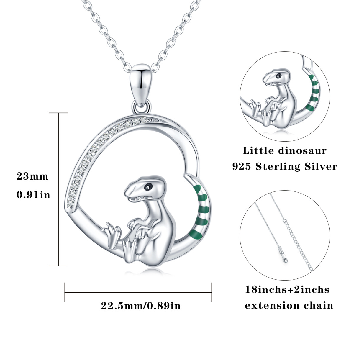 Sterling zilveren cirkelvormige cubic zirconia dinosaurus en hart hanger ketting-5