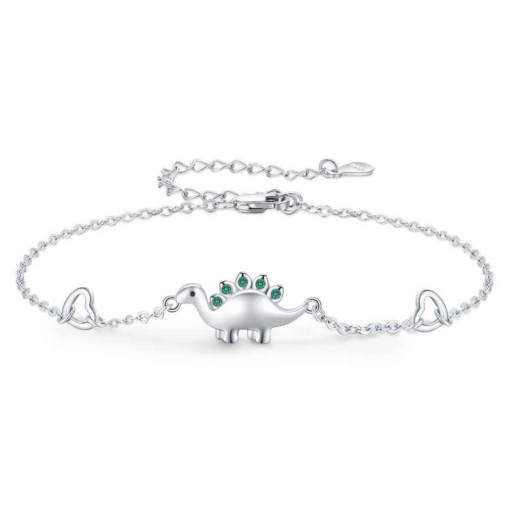 Sterling Silver Circular Shaped Cubic Zirconia Dinosaur Charm Bracelet-1