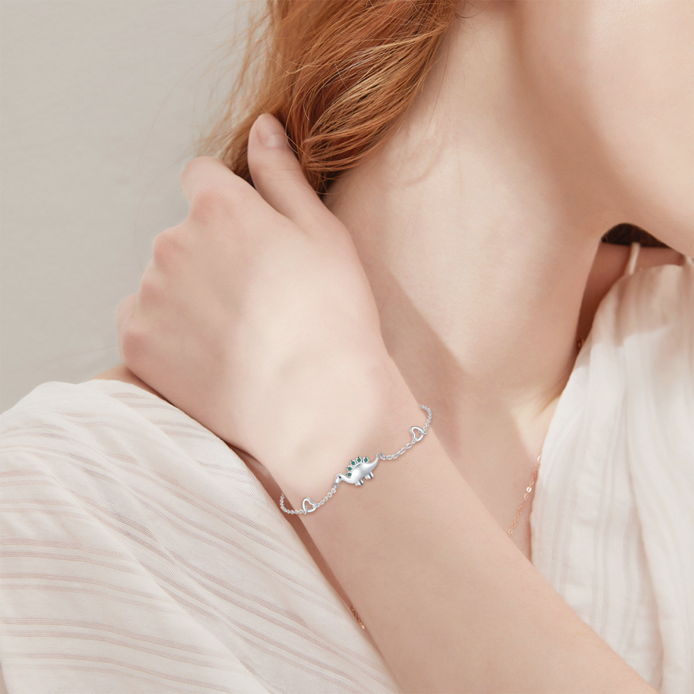 Sterling Silver Circular Shaped Cubic Zirconia Dinosaur Charm Bracelet-2